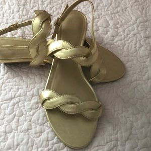 Gold leather braid low wedge sandal 8M